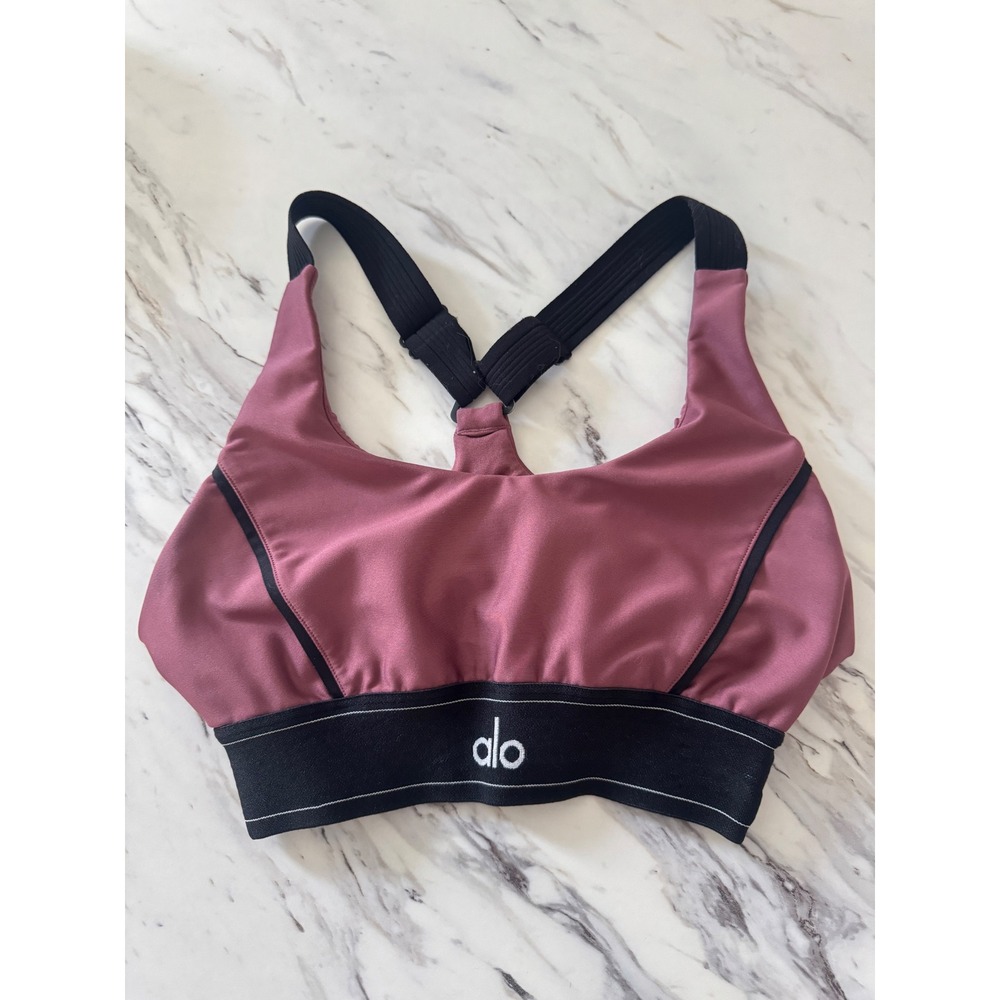 Alo Yoga Womens Sports Bra Mauve Pink Black Adjustable Racerback Logo Band Small